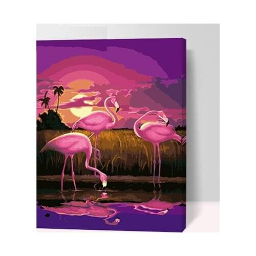 MaHuaf-A453 Flamingo under the sunset painting by numbers DIY digital oil painting on canvas coloring by numbers for home decor