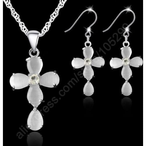 Fashion Opal Jewelry Sets 925 Sterling Silver Cross Opal Pendant Necklaces Hook Earrings For Women/Mens Gifts