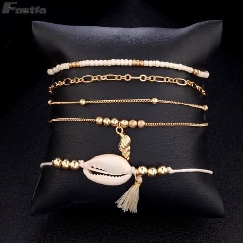 Fashion 5 pcs/Set Shell Bracelet Gold Color Link Chain Conch Tassel Braslet Set Small Seed Beads Braclet For Women Girls Jewelry