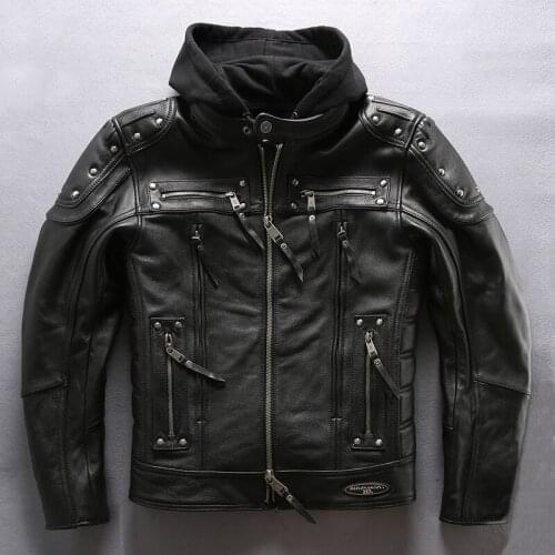 5 days arrival, Mens Genuine Leather Black Jacket Brand Designer Vintage Hooded Jacket Motorcycle Bicycle Rivet Coat