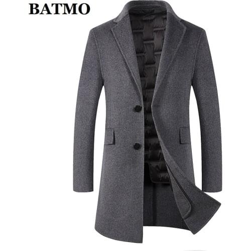 BATMO 2019 wool trench coat men,mens white duck down liner wool jackets,long trench coat,plus-size 910