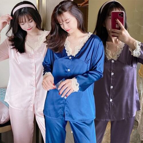 2021 Autumn Sexy Lace V-enck Pajama Sets for Women Korean Cotton Long Sleeve Sleepwear Pyjama Homewear Pijama Mujer Home Clothes