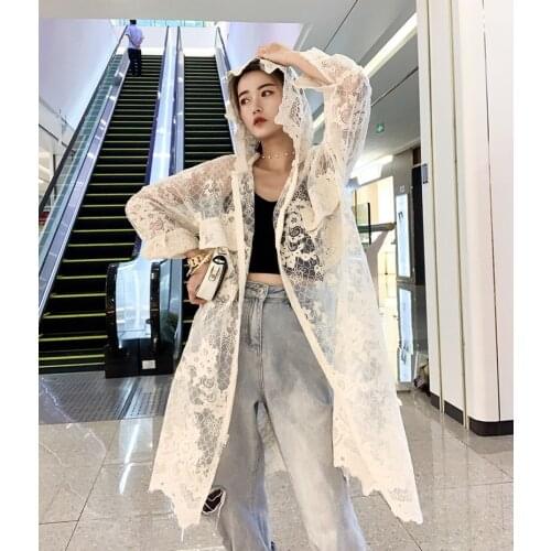 Chic Design Perspective Lace Trench Summer New Floral Embroidery Long Hoodies Coat Mesh Lace Patchwork Holiday Sunscreen Coat