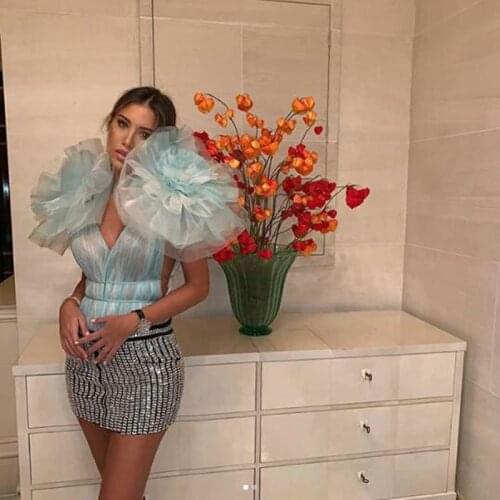 Sexy Sky Blue Organza Blouse Tops 2020 Fashion New Products Organza Big Flower Slim Shirt