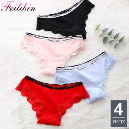 ZJX 4Pcs/lot Panties Womens Sexy Lace Low-Rise Female Underwear Seamless Letter Girls Cotton Lingerie Lady Bow Intimates
