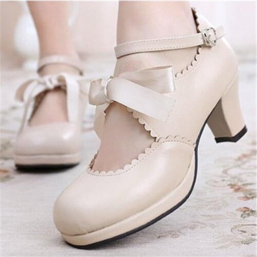 High Heel 6cm Lolita Shoes Satin Large Size 41 Cosplay Anime Bow Tie Basic Tea Party Simple Handmade Women Goth Kawaii Loli Shoe