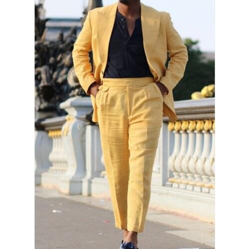 Spring Summer Fashion Handsome Men Yellow / Solid Color Suits Slim Big Size Wedding Party Groom Wear Men Casual Male Clothing
