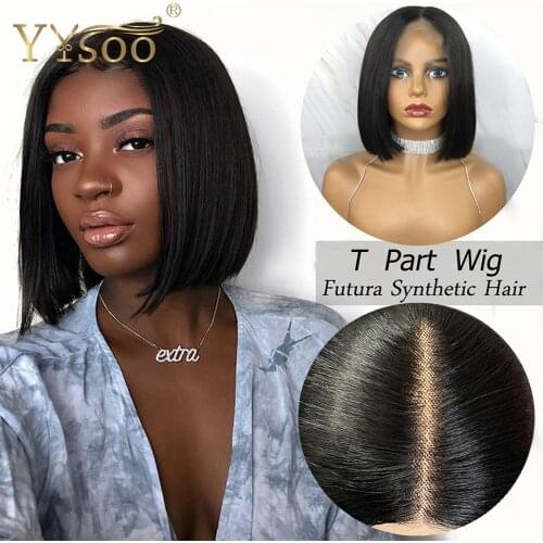 YYsoo Natural Hairline Short Black Cut Futura Hair Synthetic T Part Bob Wigs For Women Glueless Silky Straight Black Lace Wig