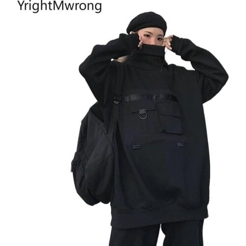 Young Woman Man Warm Front Techwear Multi Pocket Turtleneck Harajuku Sweatshirt High Neck Pullover Hoodies Streetwear Punk Dark
