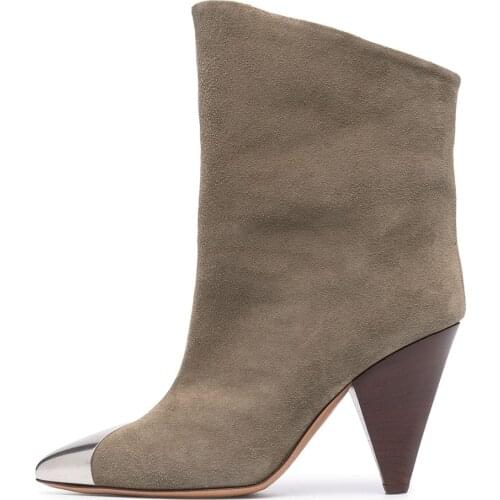 New Genuine Leather Short Boots Women Metal Pointed Toe Ladies Ankle Boots For Square Heels Large Size 43 Sassy Stiletto Heels