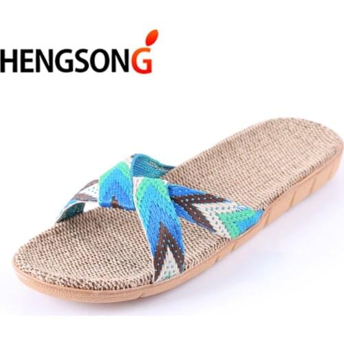 GAOKE 2021 Summer Slippers For Women Chain Slides Home Floor Shoes Flax Cross Belt Silent Sweat Slippers Women Sandals 910357