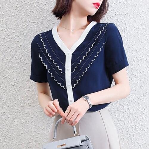 2021 Summer Short Sleeve Womens Shirt Chiffon Blouses Contrast Color V-Neck Tops Female Loose All-match Blusas Camisas
