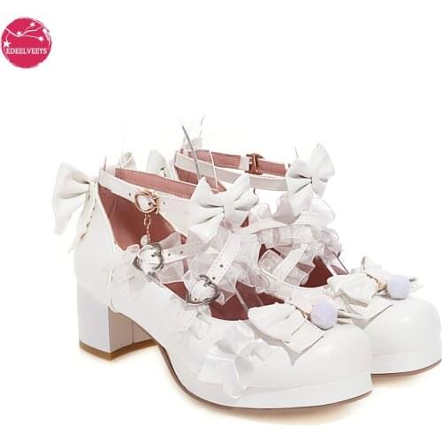 Cross Strap Women High Heels Mary Jane Pumps Party Wedding Cosplay White Pink Black Ruffles Bow Princess Cosplay Lolita Shoes