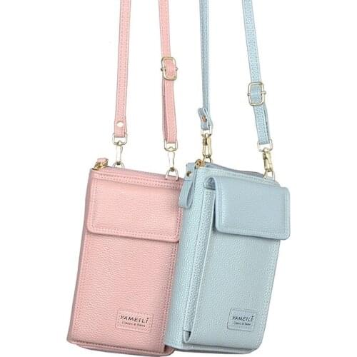 Womens Wallet Solid Color Small Shoulder Bag PU Leather Multi-function Mobile Phone Bag Long Clutch Bag Coin Purse Carteras