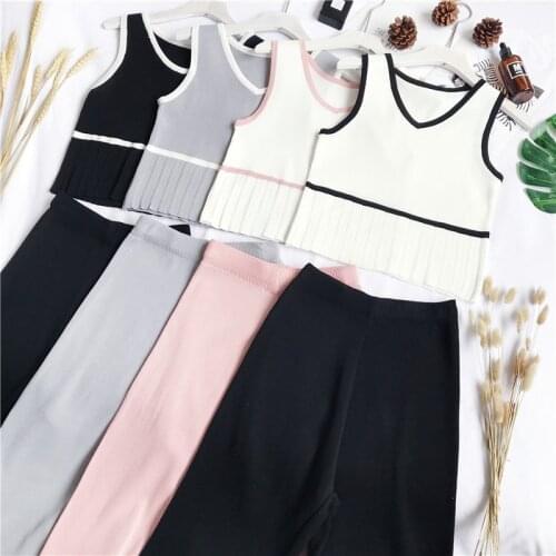 Summer New Knitted Tank Top + High Waist Wide Leg Pants Suit Women Sleeveless V-Neck Vest Crop Top Mid-Calf Length Two Piece Set