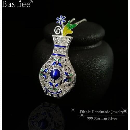Blue 999 Sterling Silver Pendant Necklace Women Cloisonne Enamel Vase Charms Chakra Luxury Jewelry Handmade Vintage Pendants