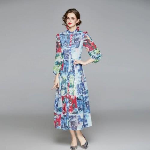 Lantern Sleeve French Dress Women Blue Mini Elegant Blooming Print Draped Bohemian Mid-Calf Stand Collar Summer Boho Dress 2021