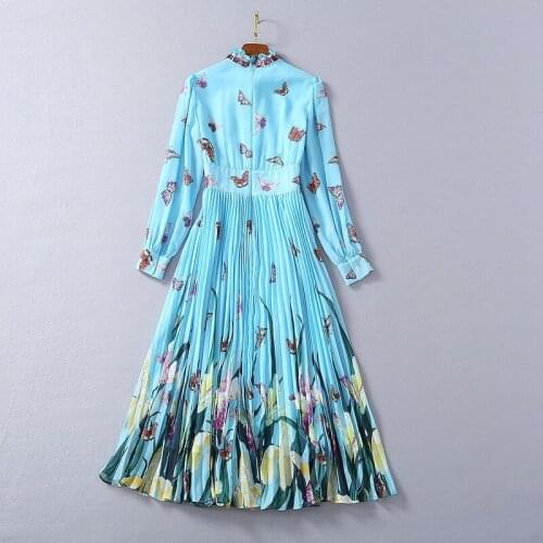 Chiffon Pre-Spring Women Runway Fashion Blue Yellow Beading Diamonds Ruffled Flower Butterfly Print Pleated Dress
