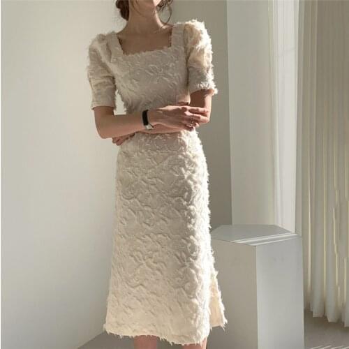Feather Tassel Long Midi Dress Women Square Collar Korean Short Sleeve Backless Bodycorn Dress Slim Vintage Party Dress B086