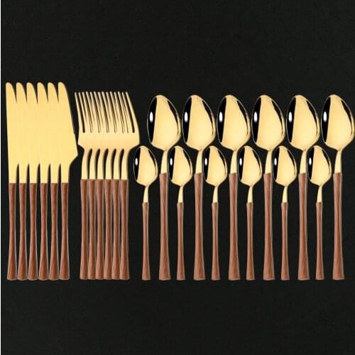 Gold Western Dinnerware Set 24Pcs Wood Handle Stainless Steel Dinner Table Flatware Knife Fork Spoon Fork Tableware Cutlery Set