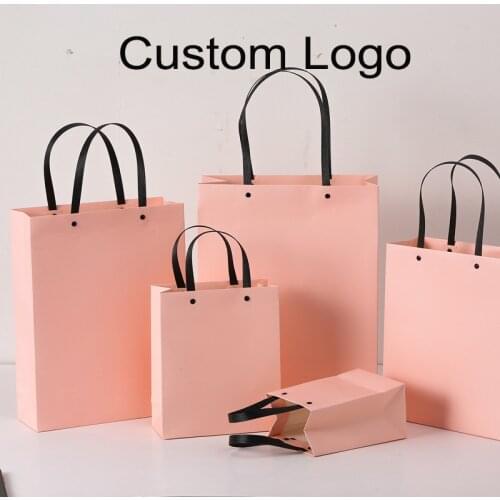 10Pcs Custom Logo High Quality Cardboard Paper Gift Bag Candy Box Handle Wedding Party Gift Handbag Shopping Bag Pink Bags