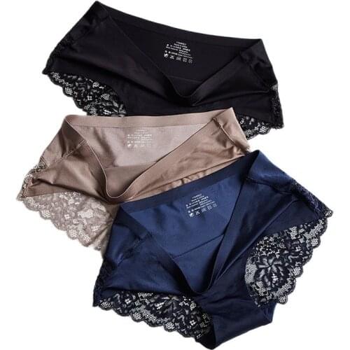 Prettywowgo 3 Pcs/Lot Sexy Lace Panties Seamless Women Underwear Briefs Nylon Silk for Ladies Transparent Lingerie XXL 836