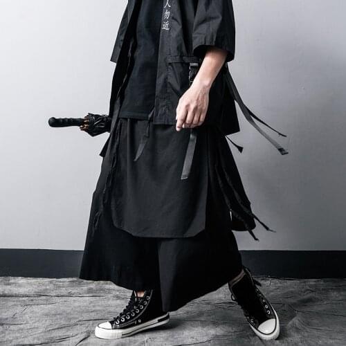 Mens Japanese Wide Leg Pants Trousers Loose Drawstring Pantskirt Ribbon Chic Black Ankle-length