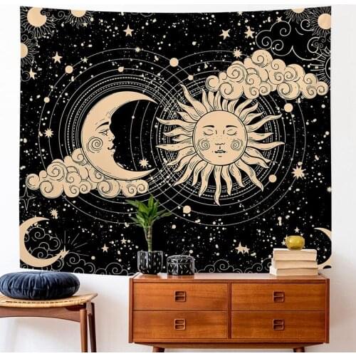Sun and Moon Tapestry Aesthetic Psychedelic Sun and Moon Black Tapestry Wall Hanging for Room Decor - 130X150cm