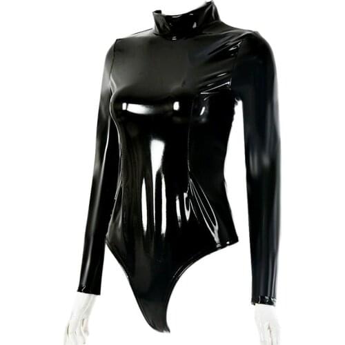 Gothic Wet Look Turtleneck Long Sleeve Bodysuit Shirt Shiny PVC Catsuit Body Suit Tops Sexy Bodystocking Clubwear One Piece Top