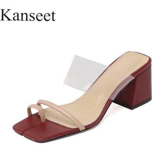 Kanseet Womens Shoes 2021 Summer Narrow Band Thick High Heel Slippers Square Toe Pvc Hot Sale Party Dress Prom Ladies Footwear