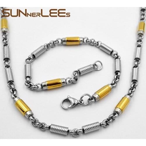 SUNNERLEES Fashion Jewelry Stainless Steel Necklace Bracelet Set 6mm Geometric Link Chain Silver Color Gold Plated SC144 S