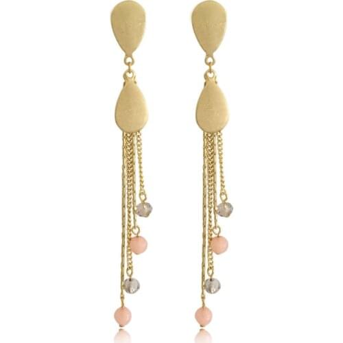 Lovey Gold Color Plating Pink Bead Chain Tassel Drop Earrings For Women Girl Casual Elegant