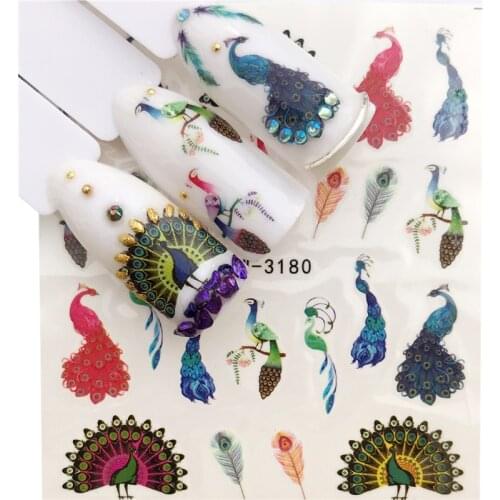 Fashion Stickers for Nails DIY Beautiful Peacock Feather Water Sliders Manicure Decor Watercolor Nail Decal Stickers Accessoires