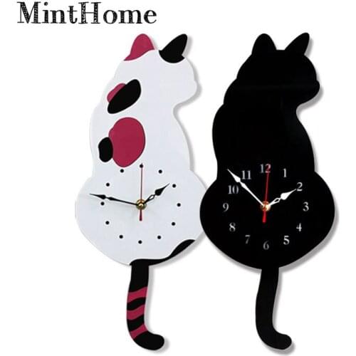 Cartoon Acrylic Watch Home Decoration Living Room Tail Cat Childrens Room Creative Hanging Clock cat clocks