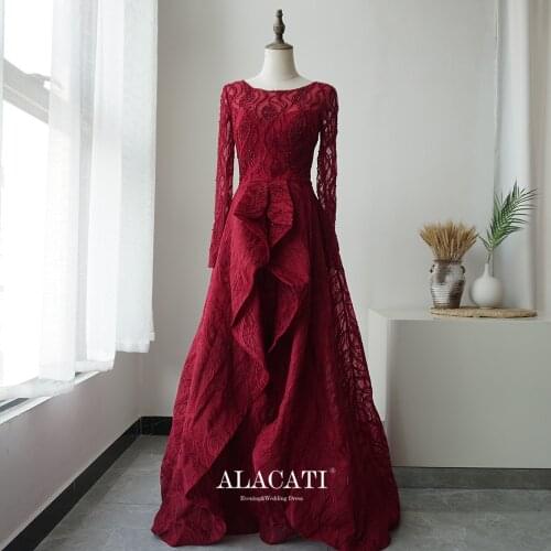 Muslim long-sleeved wine red evening dress female fishtail tail 2021 Dubai plus size luxury high-end bride Alacati evening dress
