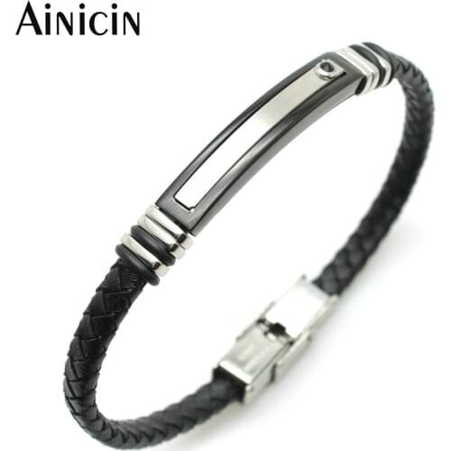 5pcs New Arrival 6mm Wide Genuine Leather Weaved Stainless Steel Mens Bracelets Black Rhinestone Stone Setting Jewelry