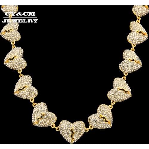 Broken Heart Necklaces Full Iced Out CZ Rhinestone Gold Silver Color Choker Hip hop Jewelry Bling Necklace for Men Women Chain