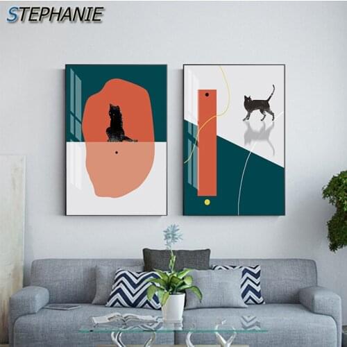 Nordic Kitty Life Poster n Print Fashion Green Orange Canvas Painting Abstract Pet Wall Pictures for Living Room Modern Wall Art