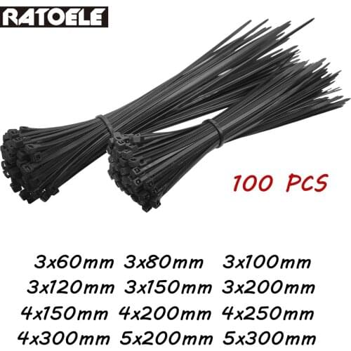 100Pcs Self-Locking Plastic Nylon Ties Black Cable Tie Fastening Ring Wraps Strap
