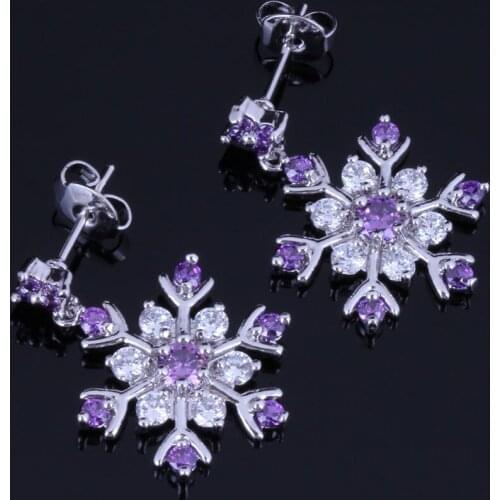 Amazing Snowflake Purple Cubic Zirconia White CZ Silver Plated Drop Dangle Earrings V1026