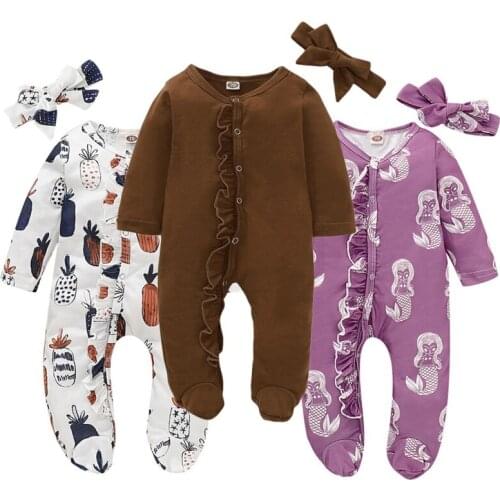 Spring autumn newborn infant Baby Footies jumpsuit+headdress long sleeve ruffled cotton baby boy girl clothes 0-18M