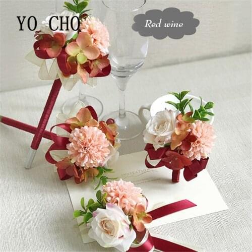 YO CHO Wrist Corsage Bridesmaid Wedding Bracelet Silk Flower Corsages Groom Boutonniere Corsage Pin Wedding Marriage Accessories