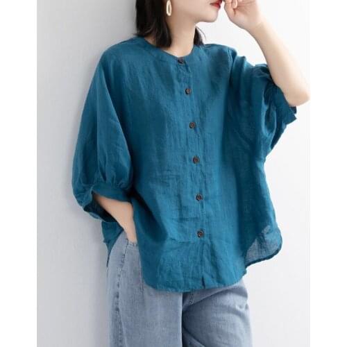 2021 Cotton Linen Shirt Women Lantern Sleeve Half O-Neck Retro Artistic Plus Size Loose Half Sleeve Shirt Women Casual Tops