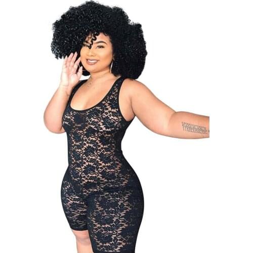 Plus Size Black Lace Bodycon Playsuit Sleeveless See Through Skinny Jumpsuit Clubwear Party Rompers Womens Shorts Onesie