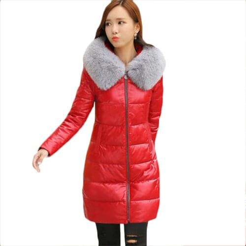 Plus size PU leather Down cotton Jacket Women Winter Jackets Womens New long Thick Warm Down cotton Leather Jackets 4XL F1085