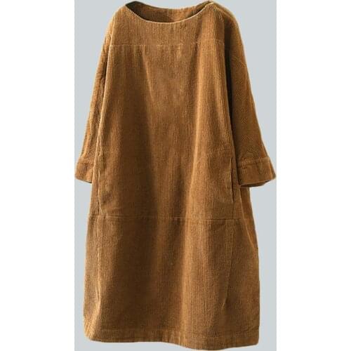 Plus size Women Dress Autumn Winter Casual Warm Solid Color Pockets Corduroy Loose Midi Dress