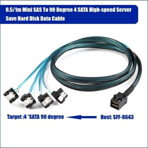0.5/1m Internal 12G HD Mini SAS SFF-8643 (Host/Controller) to 90 degree 4 SATA (Target/Backplane) Hard Drive Cable
