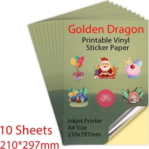 10Sheets A4 Printable Vinyl Sticker Paper Golden Dragon Color Waterproof Copy Paper 210*297mm For All Inkjet Printer DIY Crafts