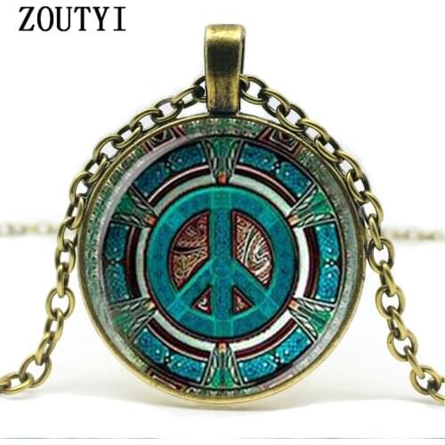 2018/hippie peace logo glass dome pendant necklace handmade fashion jewelry vintage charm mens and womens fashion gifts