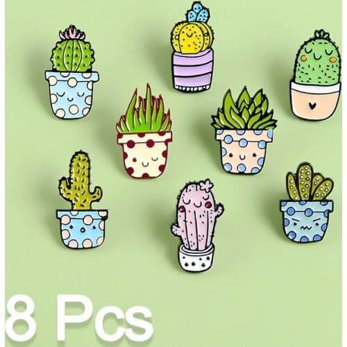 8 Pcs/Set Brooch Set Cartoon Style Potted Plant Cute Cactus Aloe Brooches Lapel Pin Shirt Bag Badge Jewelry Friends New Gift